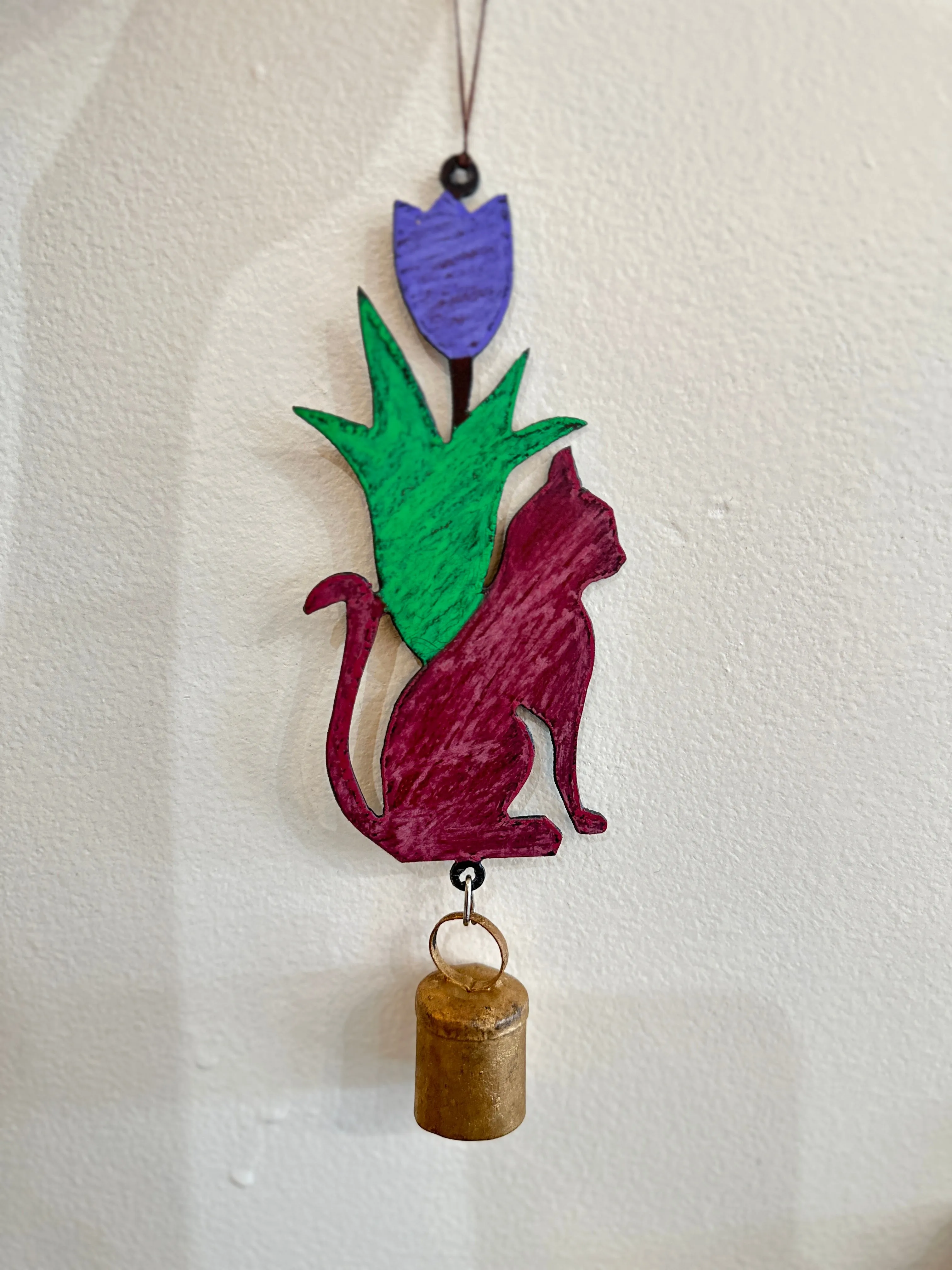 Whimsical Hanging Metal Mobile Flower Cat With Bell