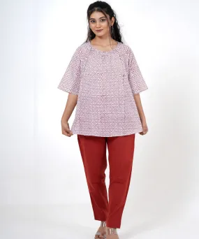 White maroon handblock printed cotton top