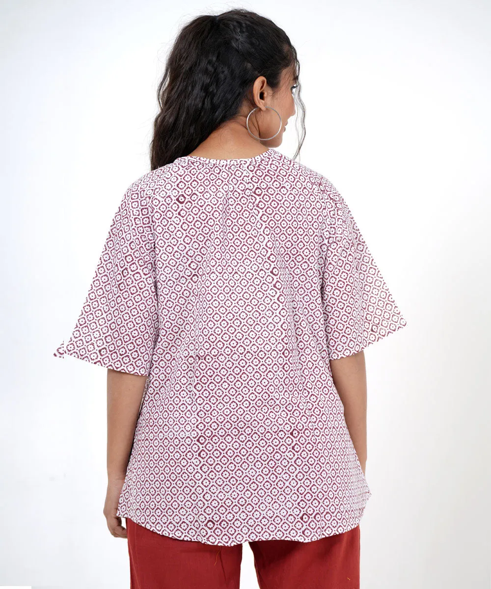 White maroon handblock printed cotton top