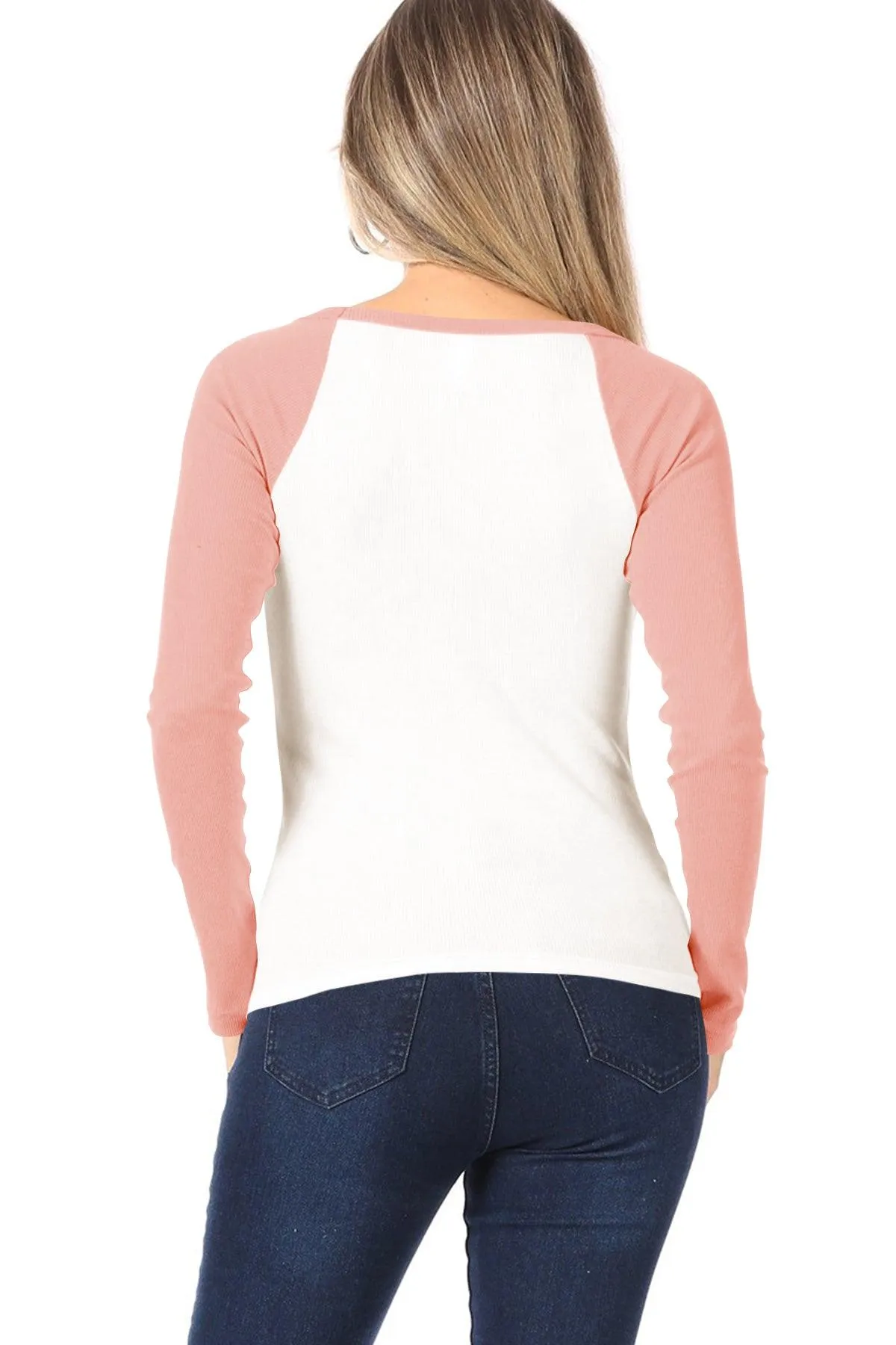 Women's Casual Ribbed Long Sleeve Round Neck Raglan T-Shirt