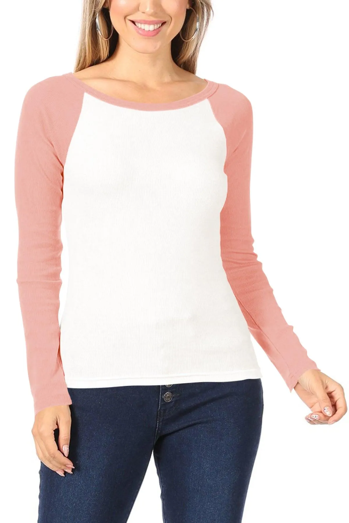 Women's Casual Ribbed Long Sleeve Round Neck Raglan T-Shirt