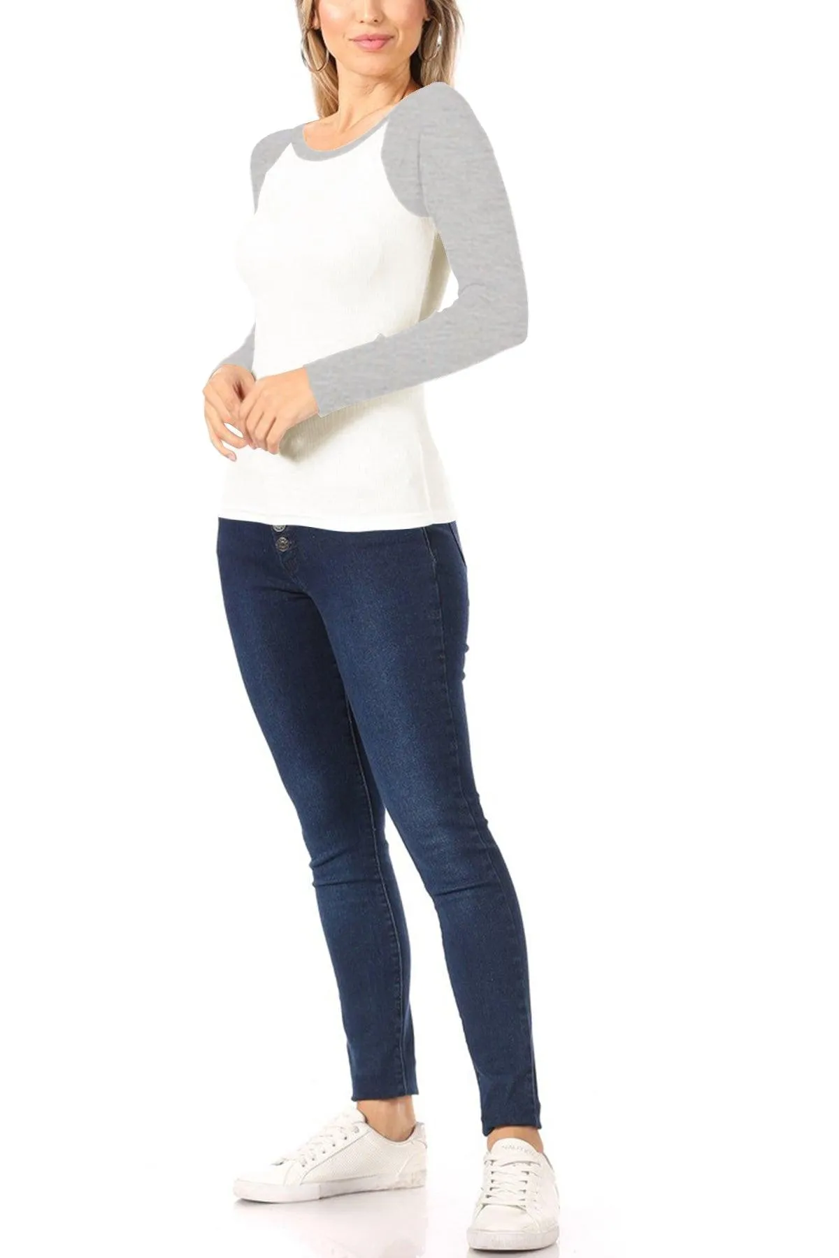 Women's Casual Ribbed Long Sleeve Round Neck Raglan T-Shirt