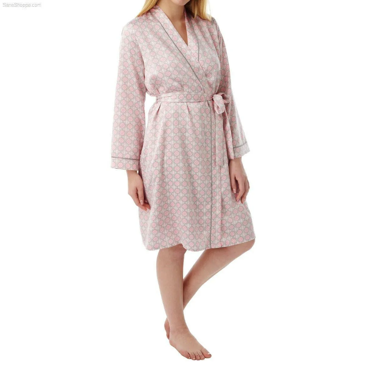 Women's Dressing Gown, Satin Kimono Silk Bathrobe Nightwear Aqua and Coral