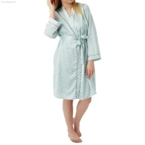 Women's Dressing Gown, Satin Kimono Silk Bathrobe Nightwear Aqua and Coral