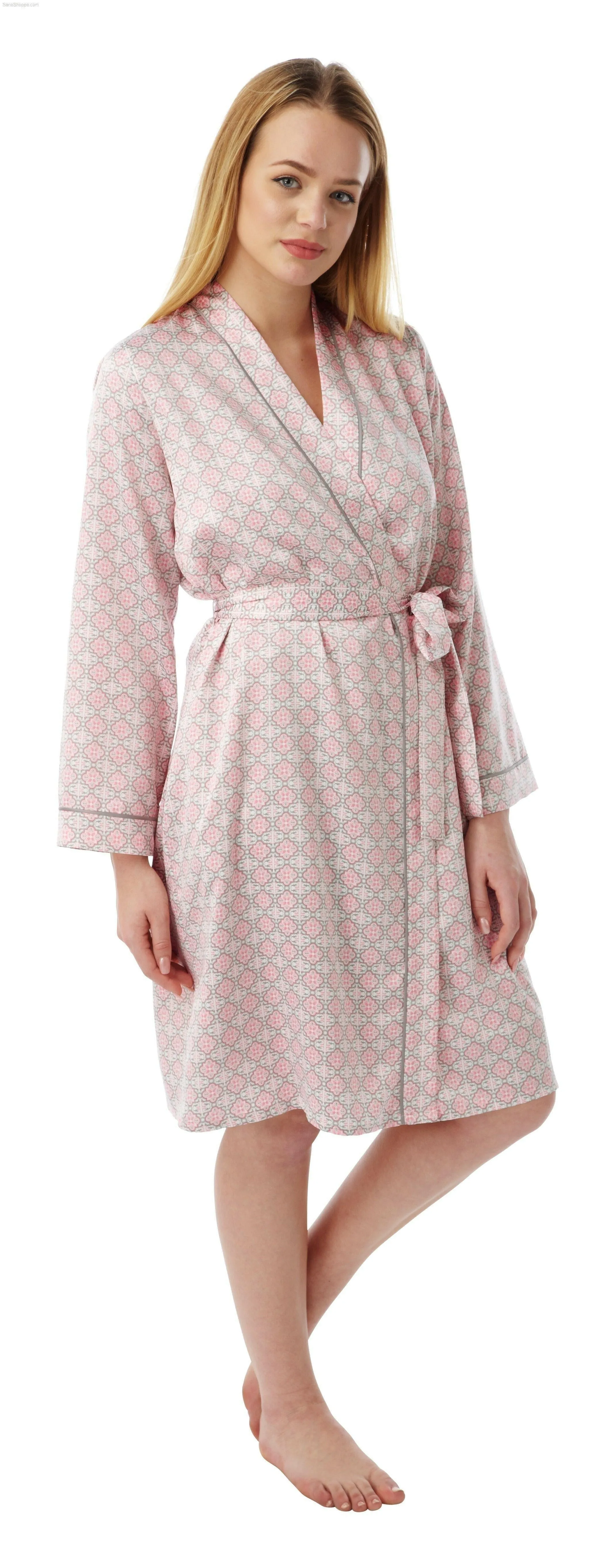 Women's Dressing Gown, Satin Kimono Silk Bathrobe Nightwear Aqua and Coral