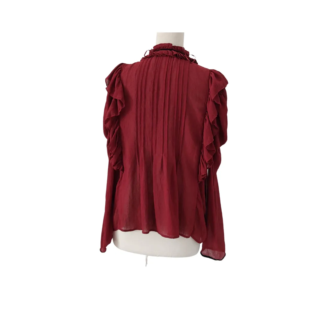 ZARA Maroon Frill Semi-sheer Pleated Black Neck-tie Blouse | Like New |