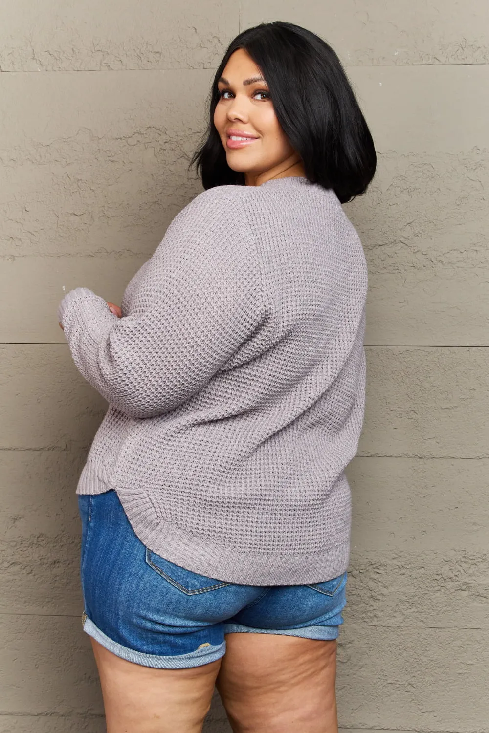 Zenana Breezy Days Plus Size High Low Waffle Knit Sweater