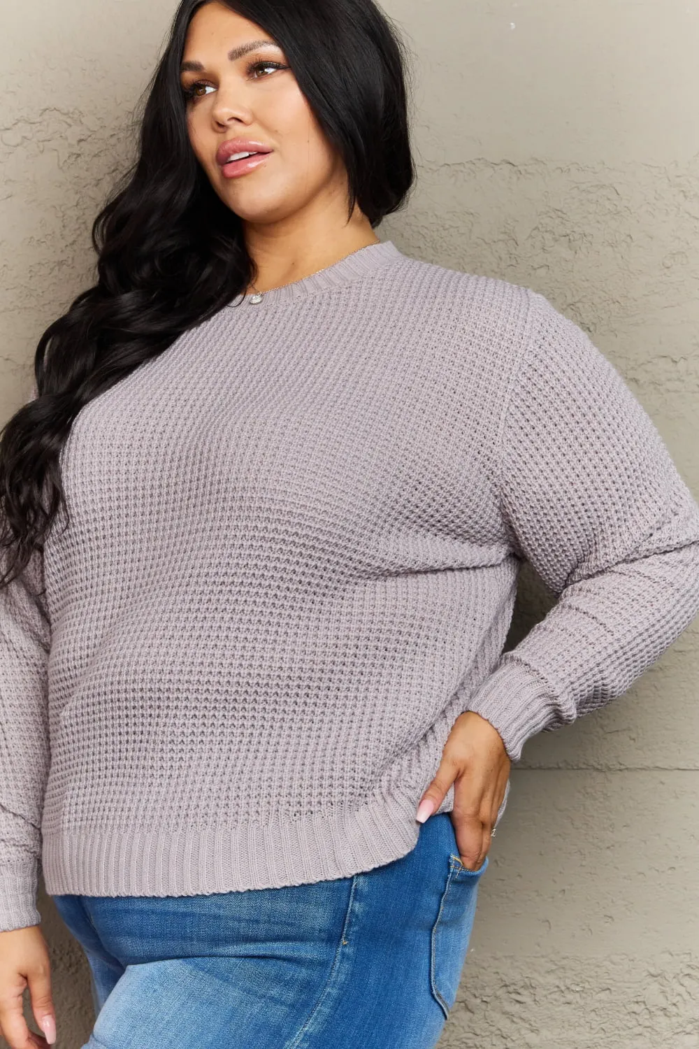 Zenana Breezy Days Plus Size High Low Waffle Knit Sweater